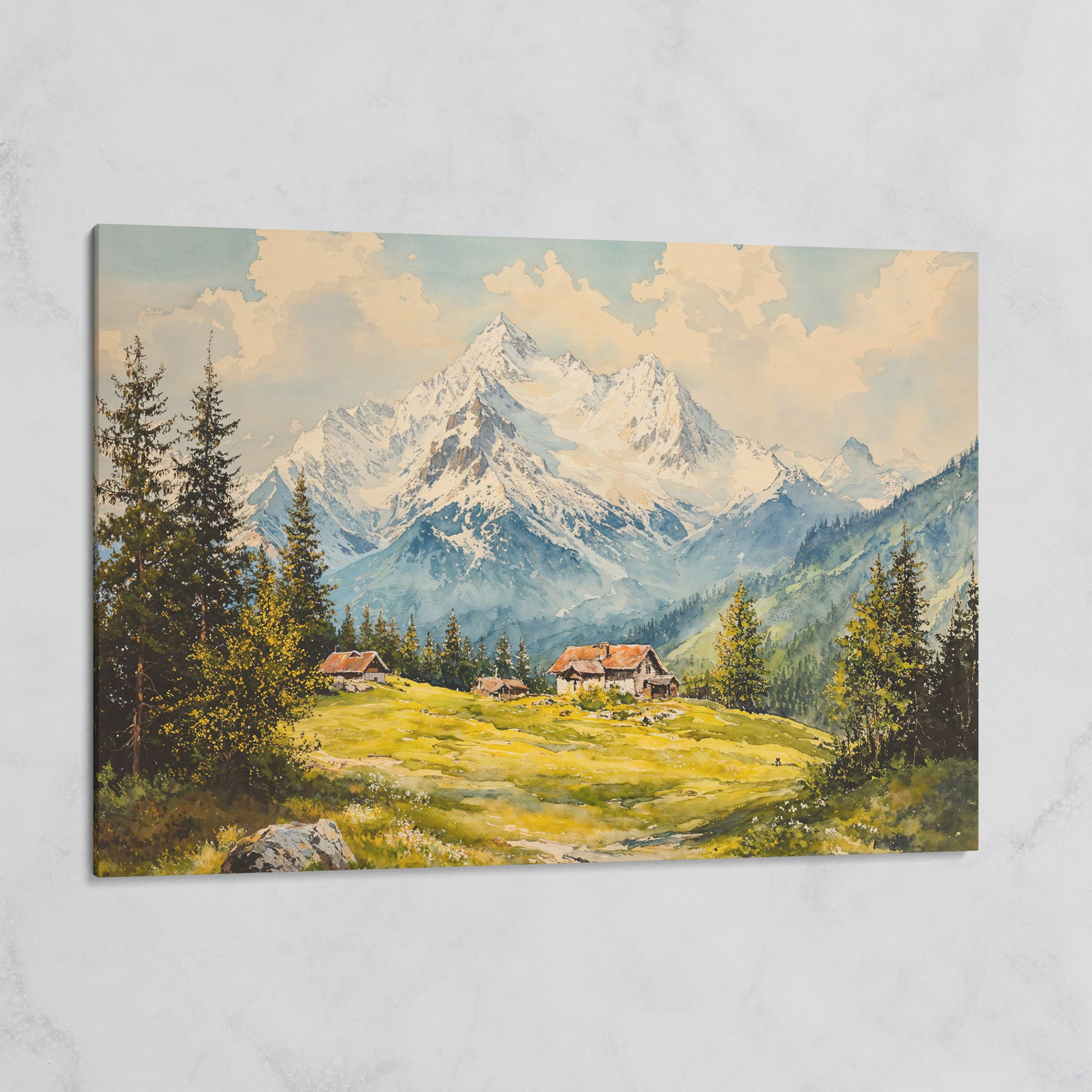 Serene Mountain Village Canvas Wall Art on gallery wrap