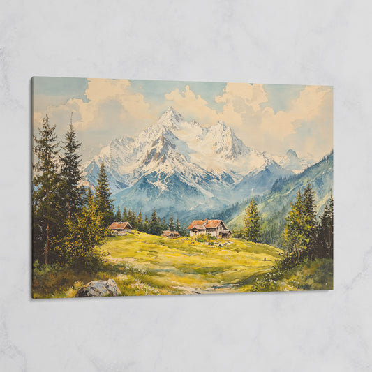 Serene Mountain Village Canvas Wall Art on gallery wrap