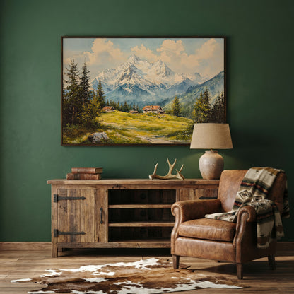 Serene Mountain Village Canvas Wall Art in dark walnut floating frame
