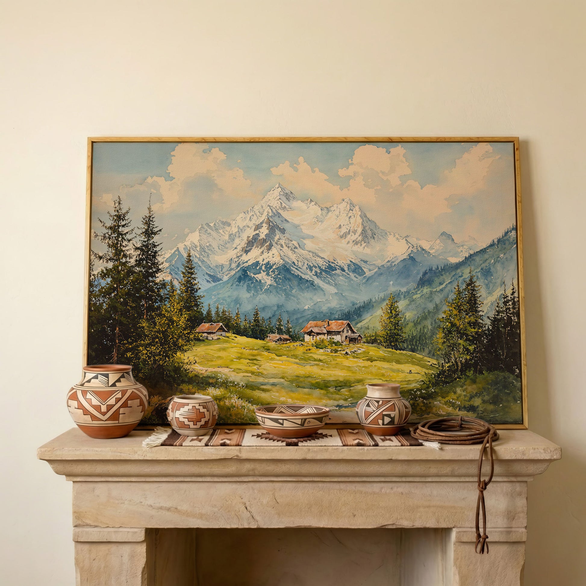 Serene Mountain Village Canvas Wall Art in white oak floating frame