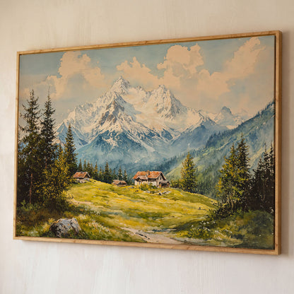 Serene Mountain Village Canvas Wall Art shown in white oak floating frame