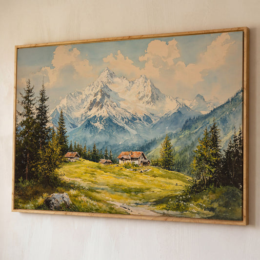 Serene Mountain Village Canvas Wall Art shown in white oak floating frame