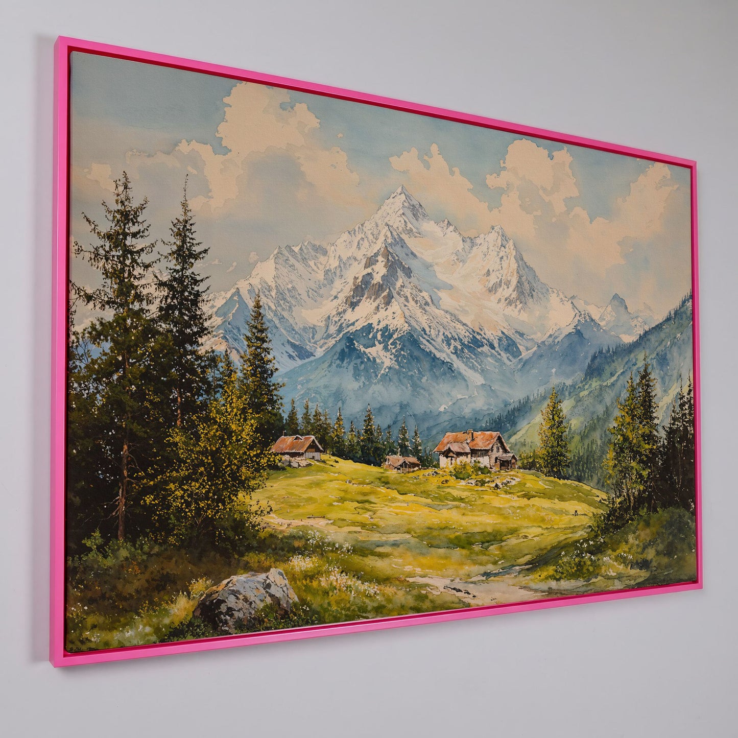Serene Mountain Village Canvas Wall Art in pink floating frame