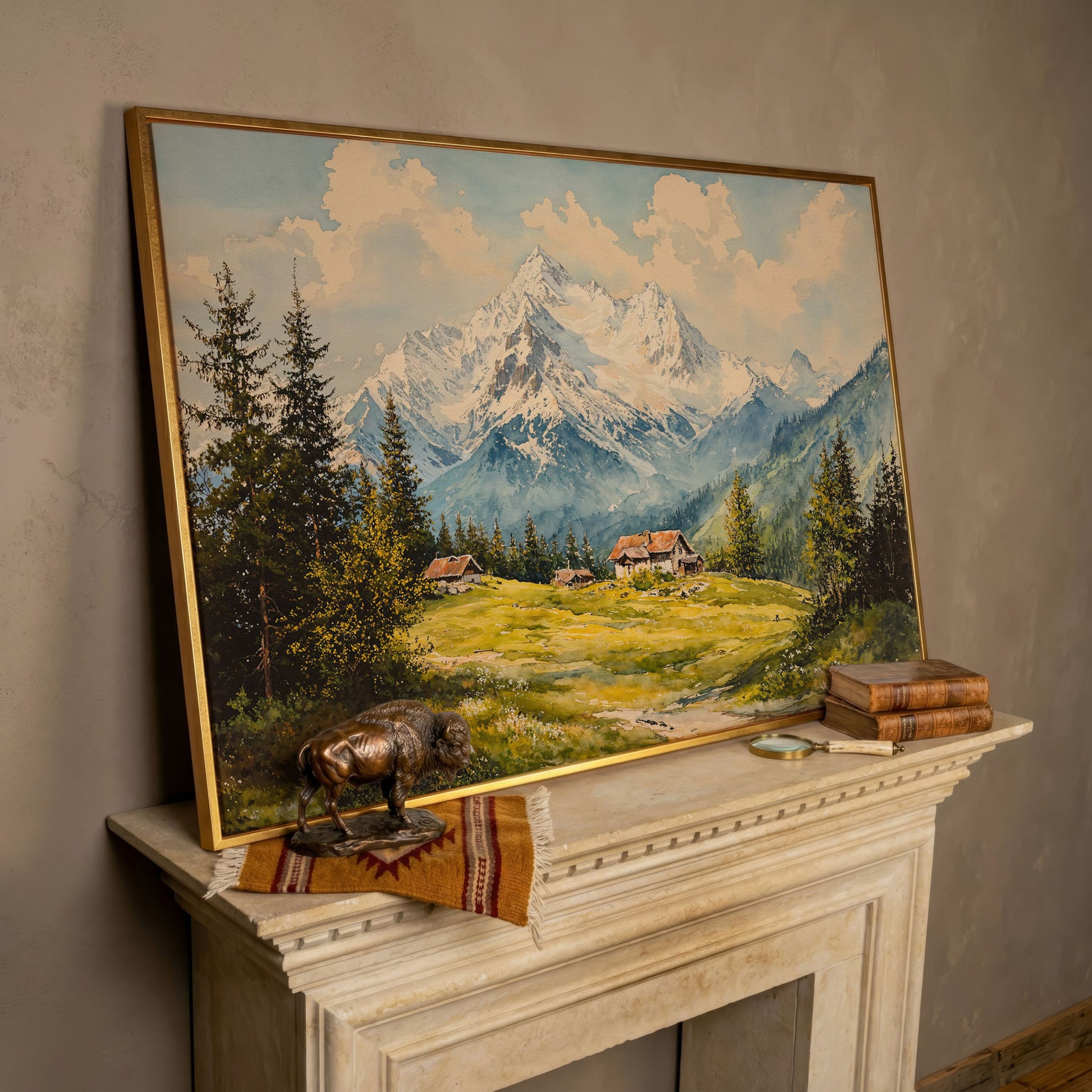 Serene Mountain Village Canvas Wall Art in rose gold floating frame