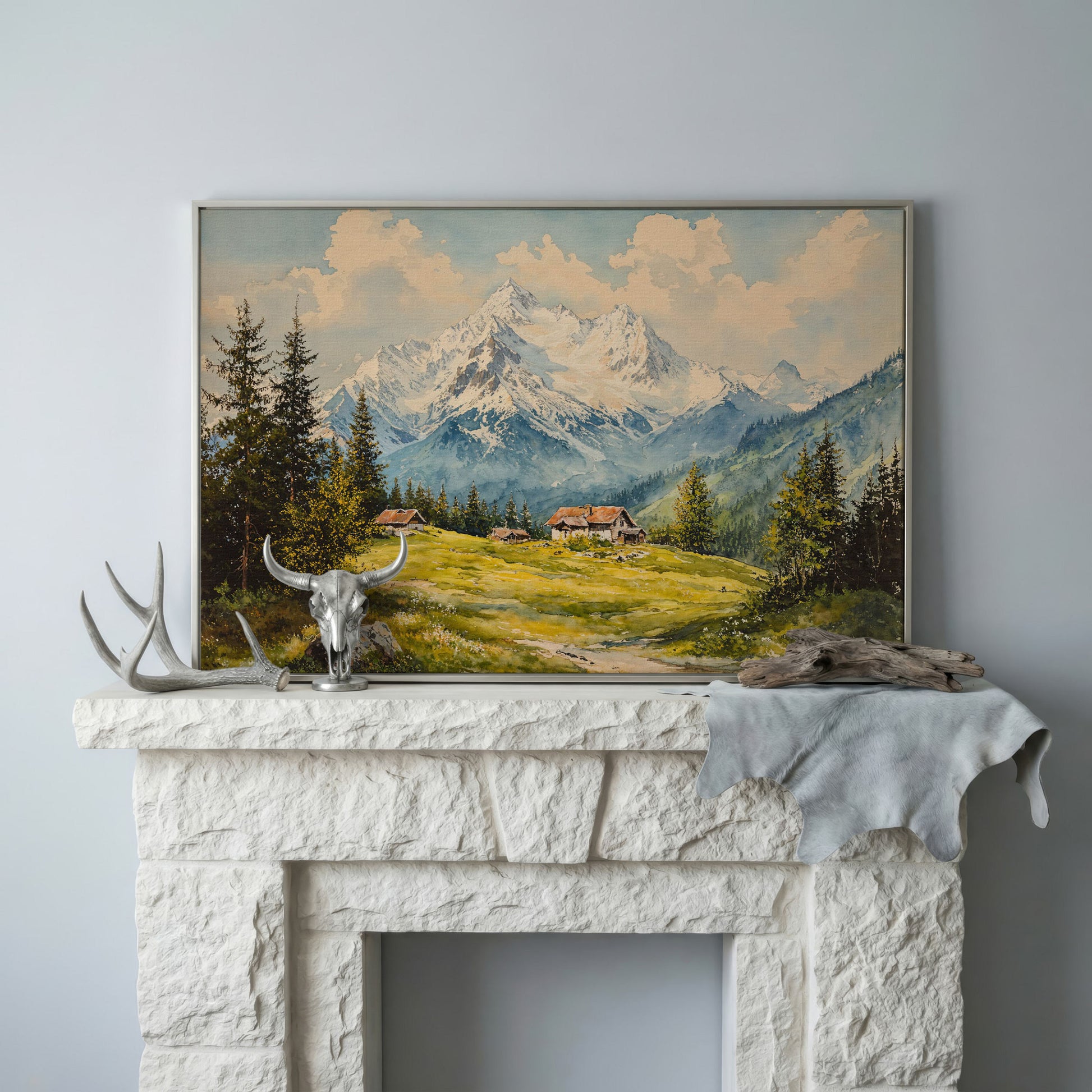 Serene Mountain Village Canvas Wall Art in silver floating frame