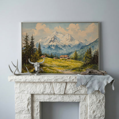 Serene Mountain Village Canvas Wall Art in silver floating frame
