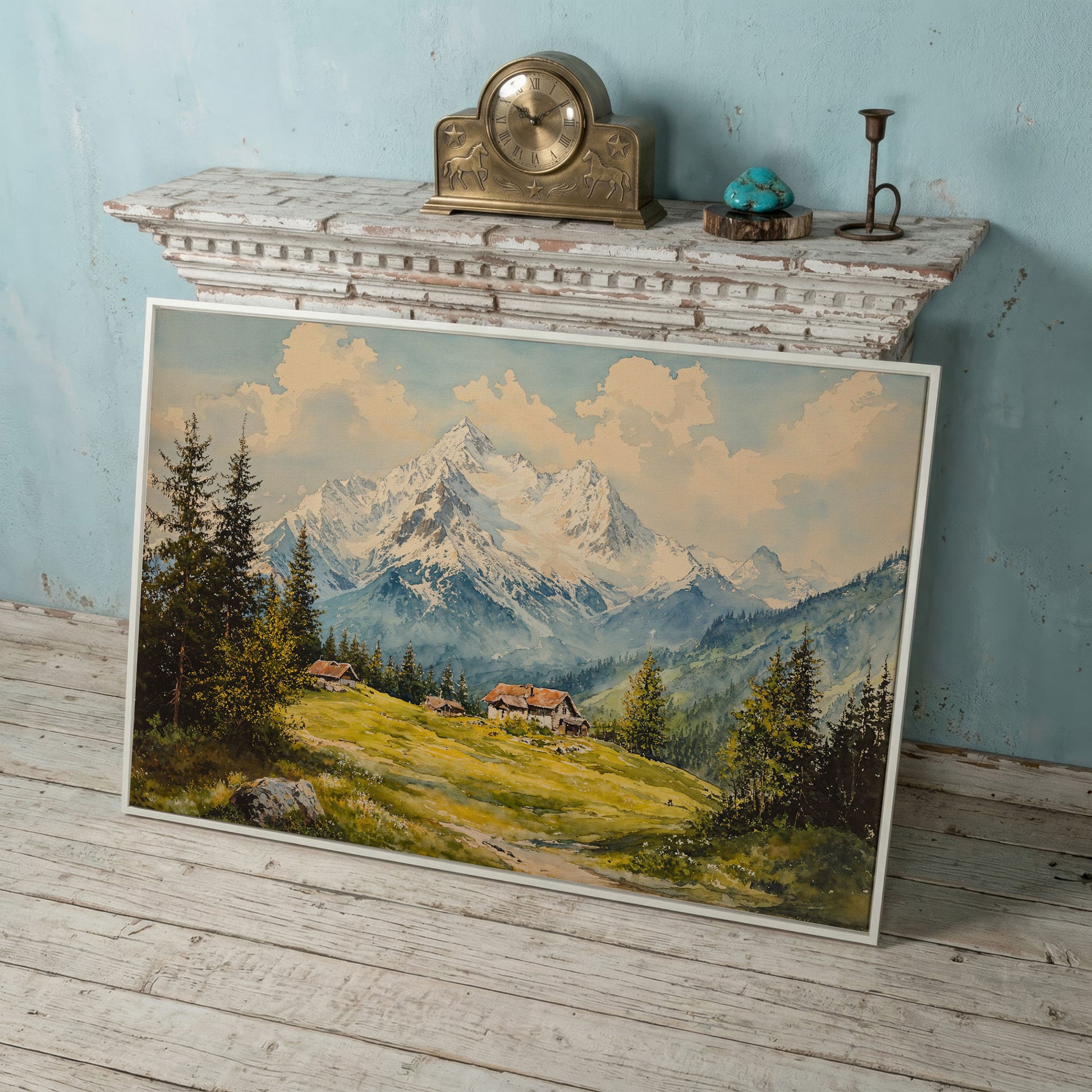 Serene Mountain Village Canvas Wall Art in white floating frame