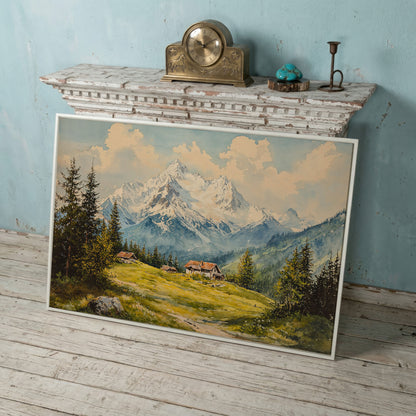 Serene Mountain Village Canvas Wall Art in white floating frame