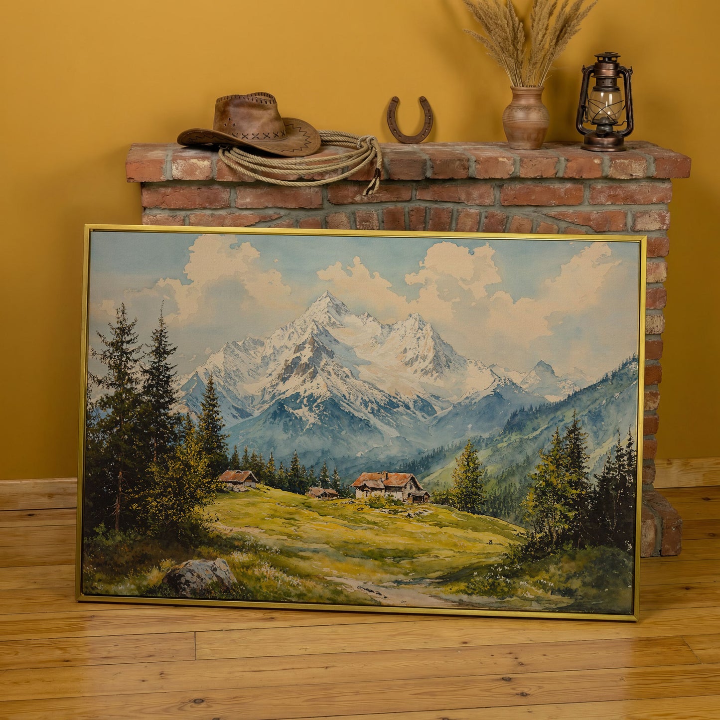 Serene Mountain Village Canvas Wall Art in yellow gold floating frame