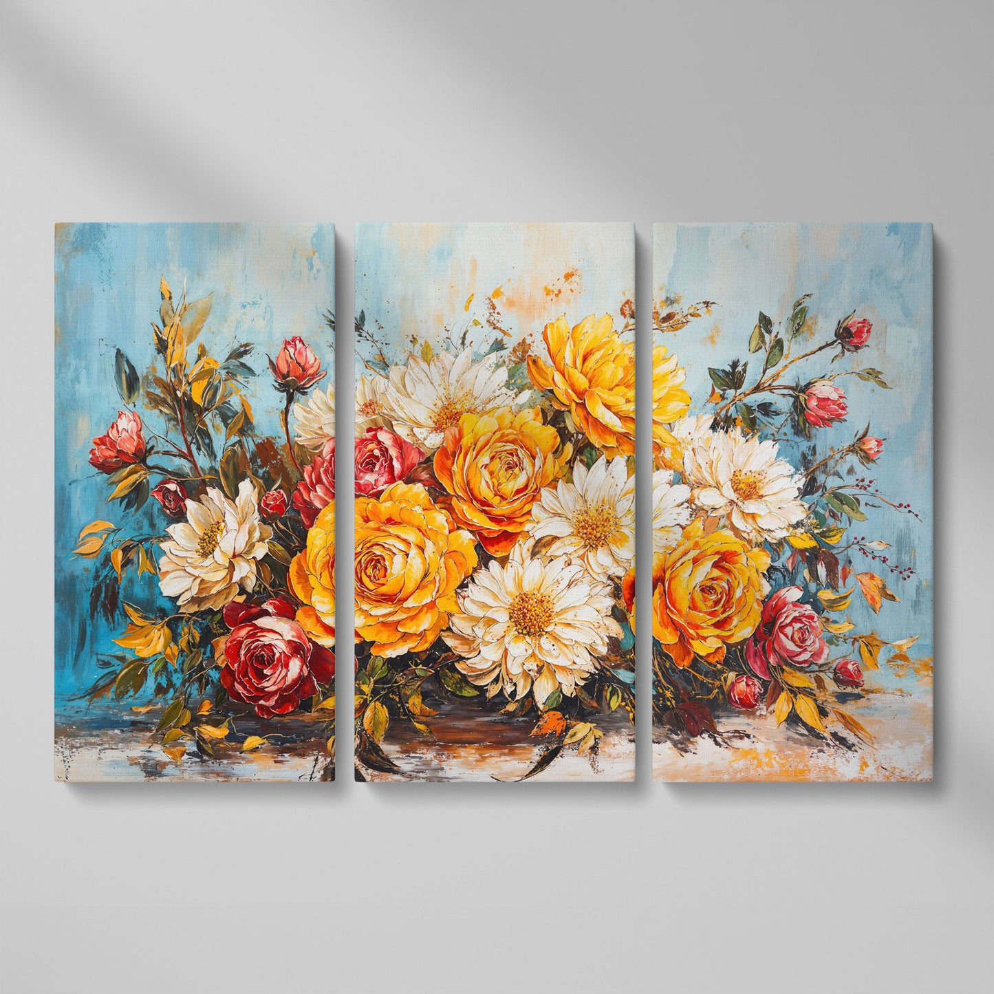 Rose and Daisy Bouquet Canvas as 3-panel split version