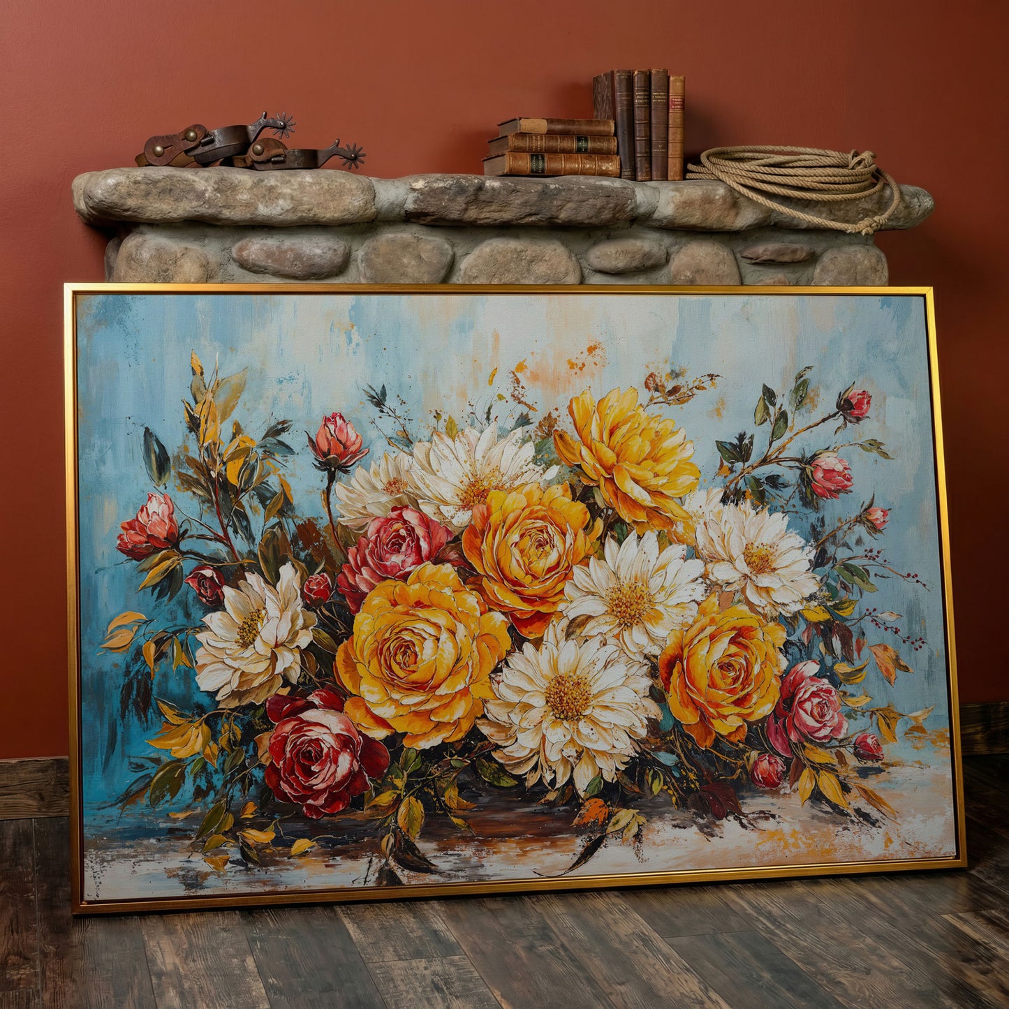 Rose and Daisy Bouquet Canvas in antique gold floating frame