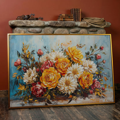 Rose and Daisy Bouquet Canvas in antique gold floating frame