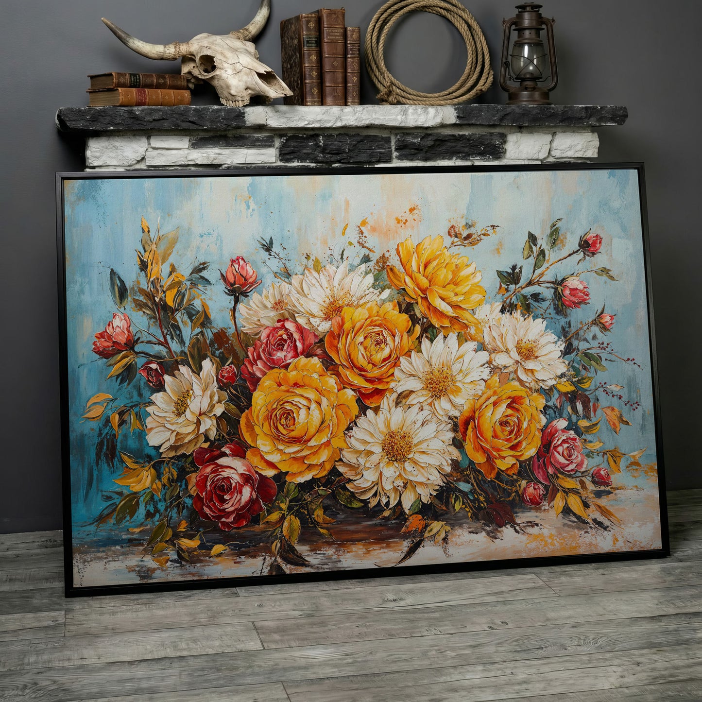 Rose and Daisy Bouquet Canvas in black floating frame