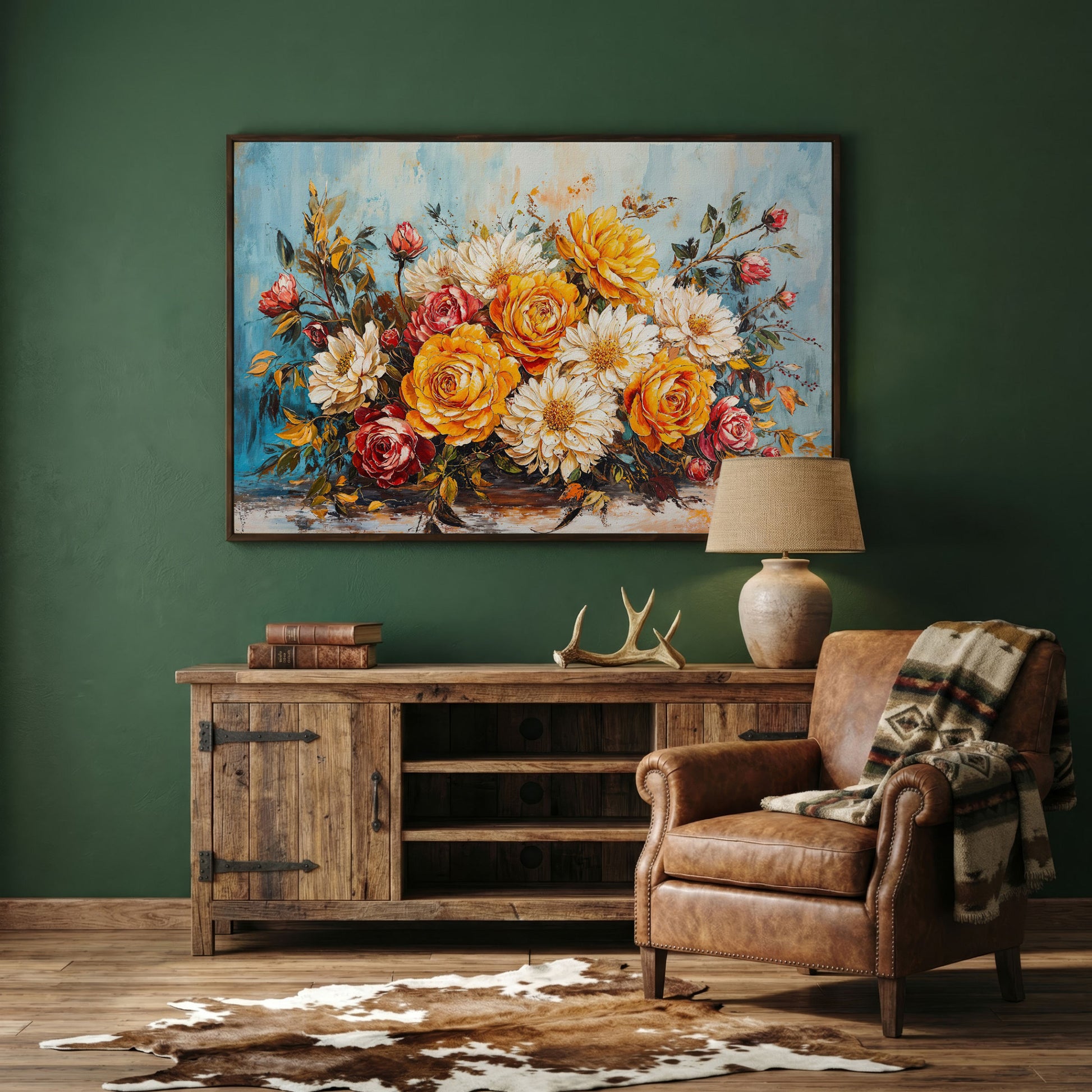 Rose and Daisy Bouquet Canvas in dark walnut floating frame