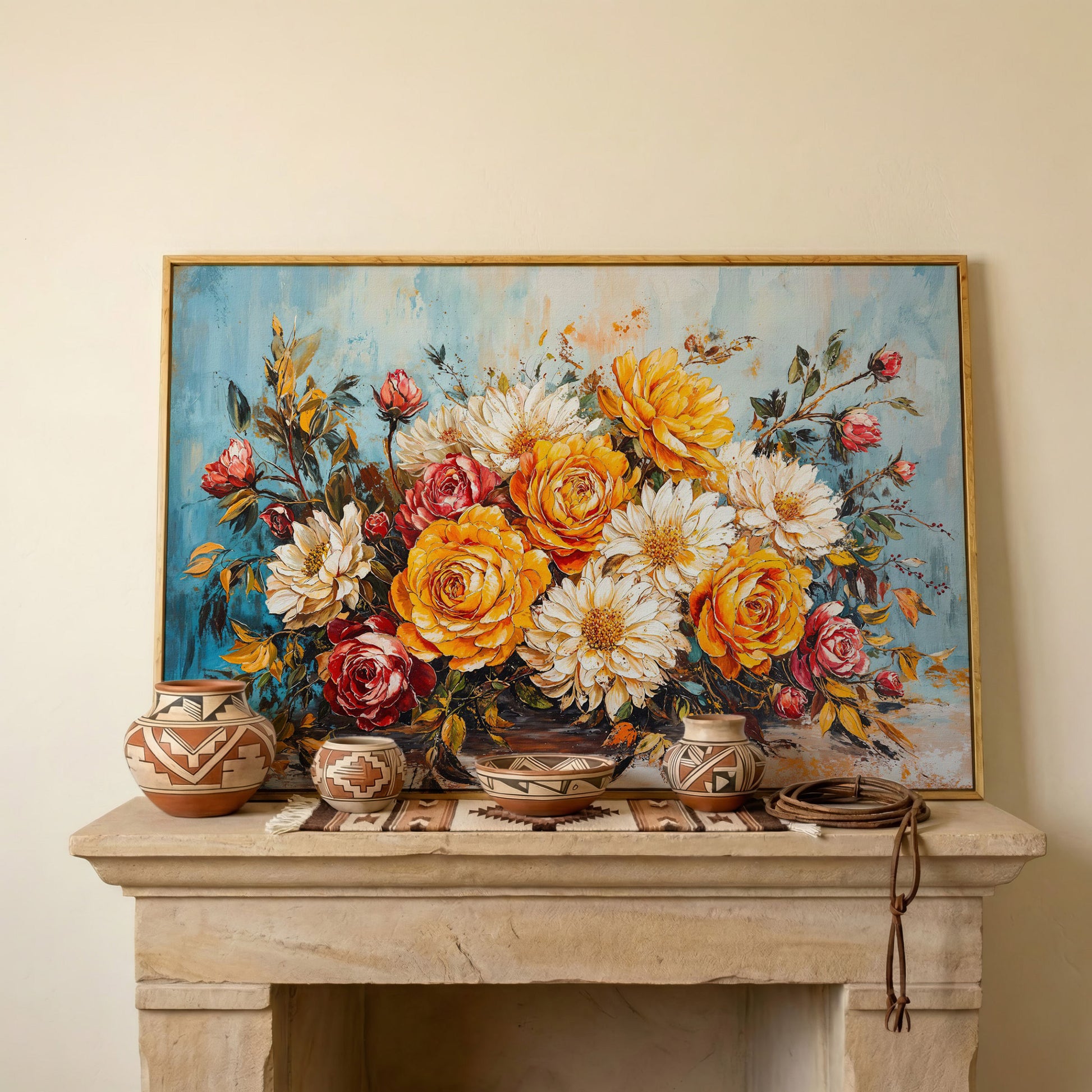 Rose and Daisy Bouquet Canvas in white oak floating frame