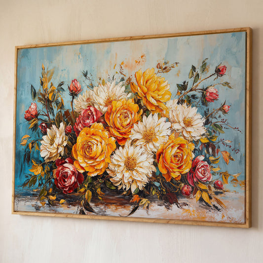 Rose and Daisy Bouquet Canvas shown in white oak floating frame