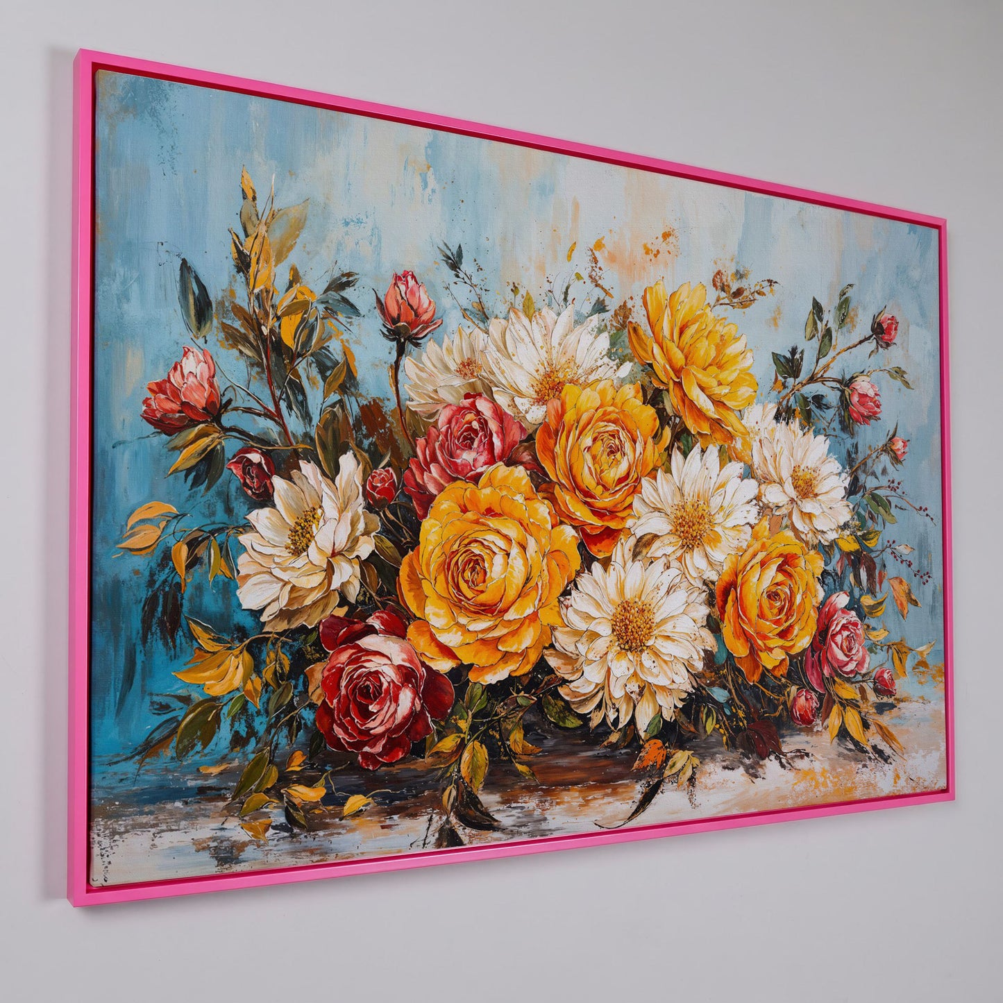 Rose and Daisy Bouquet Canvas in pink floating frame