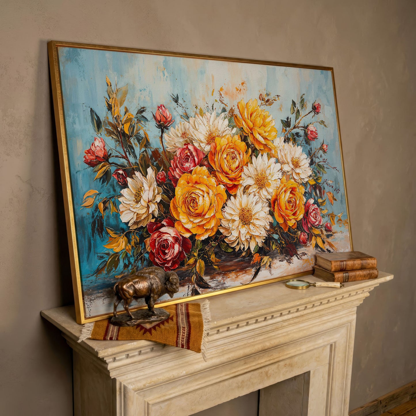 Rose and Daisy Bouquet Canvas in rose gold floating frame