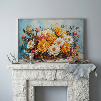 Rose and Daisy Bouquet Canvas in silver floating frame