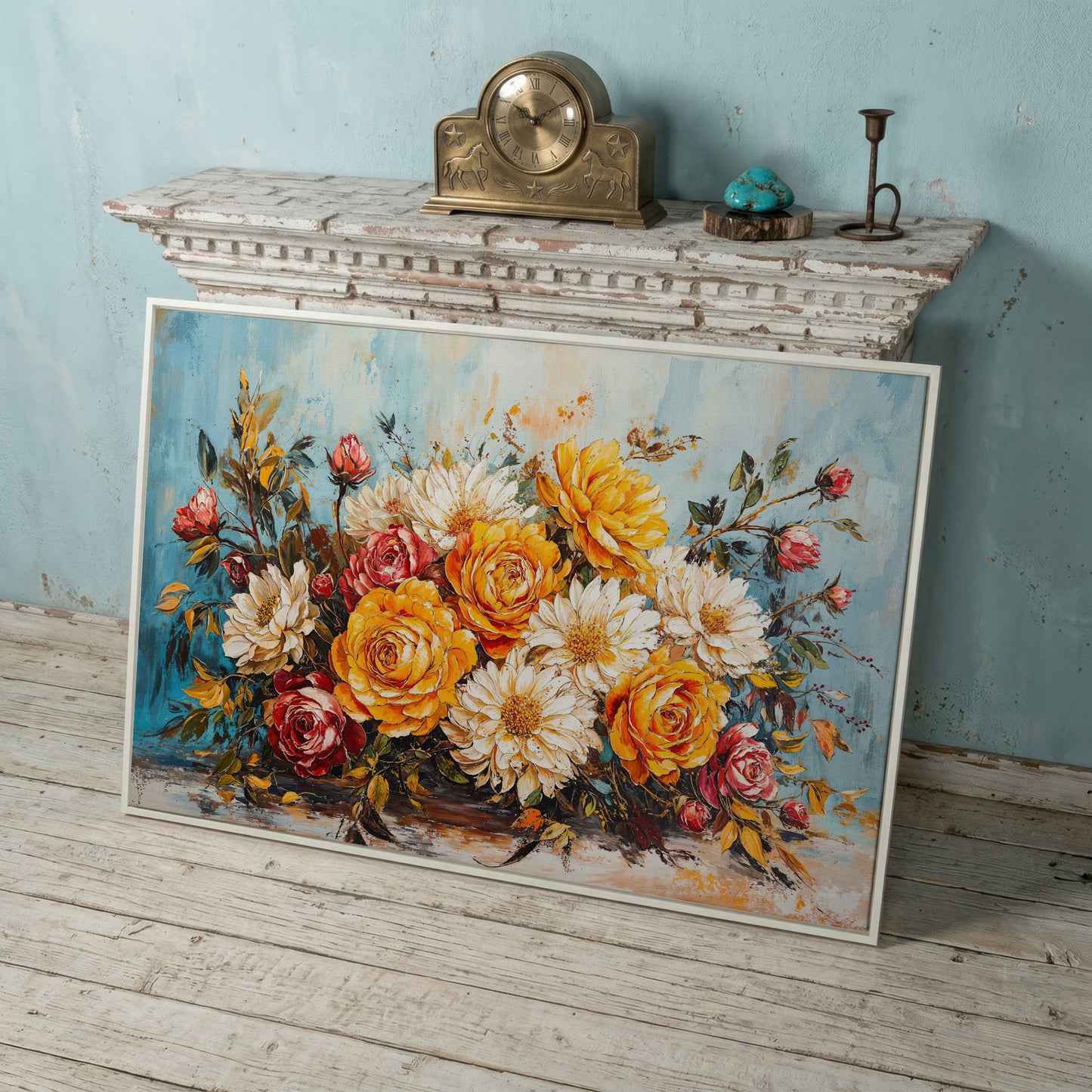 Rose and Daisy Bouquet Canvas in white floating frame