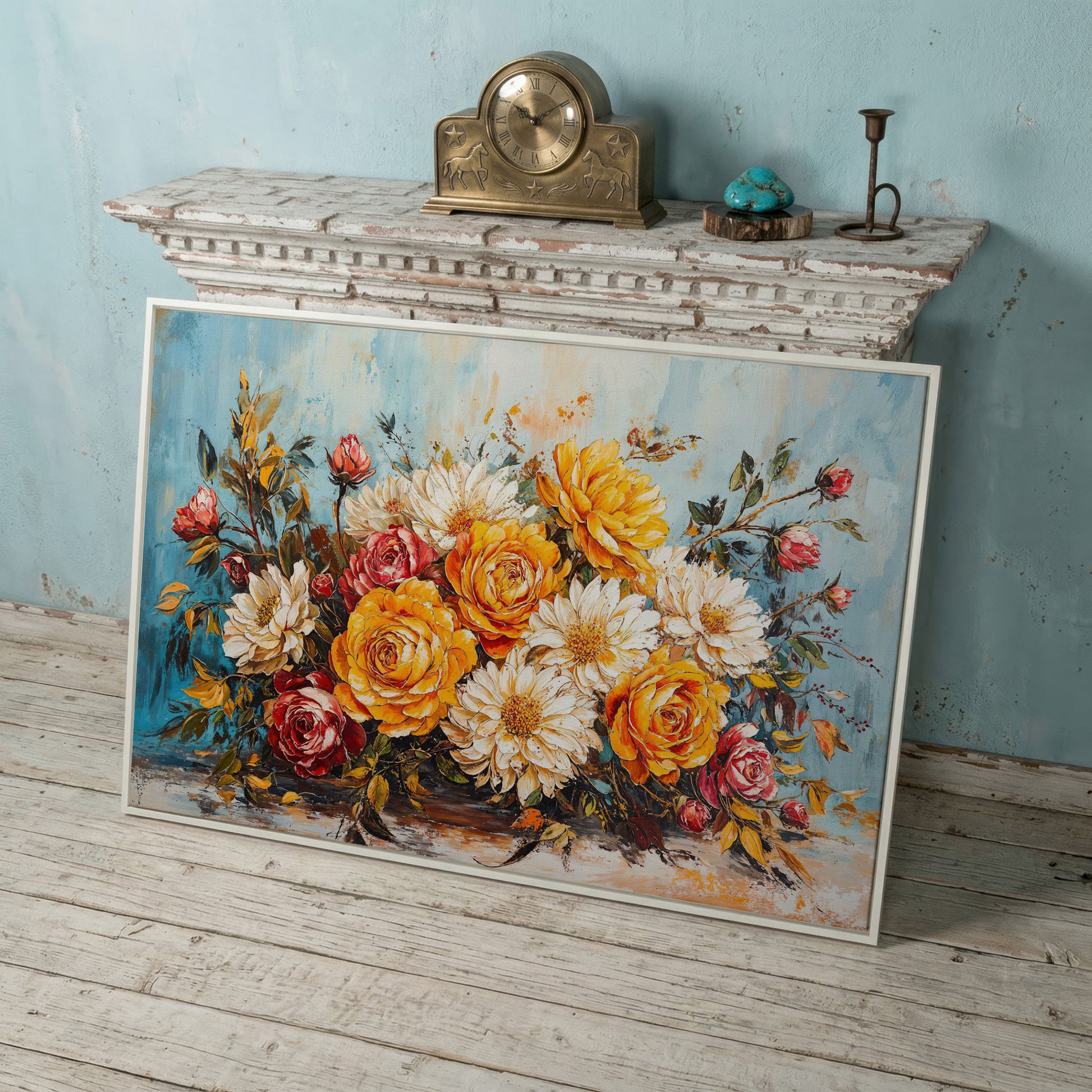 Rose and Daisy Bouquet Canvas in white floating frame