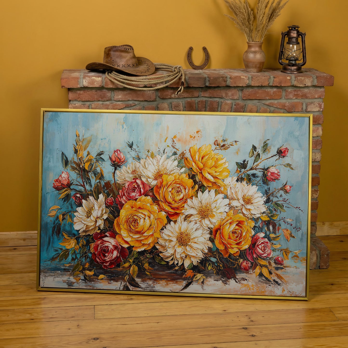 Rose and Daisy Bouquet Canvas in yellow gold floating frame