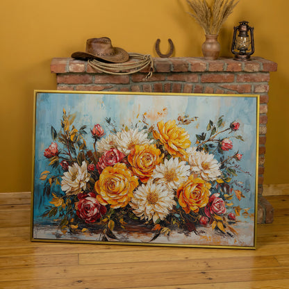 Rose and Daisy Bouquet Canvas in yellow gold floating frame
