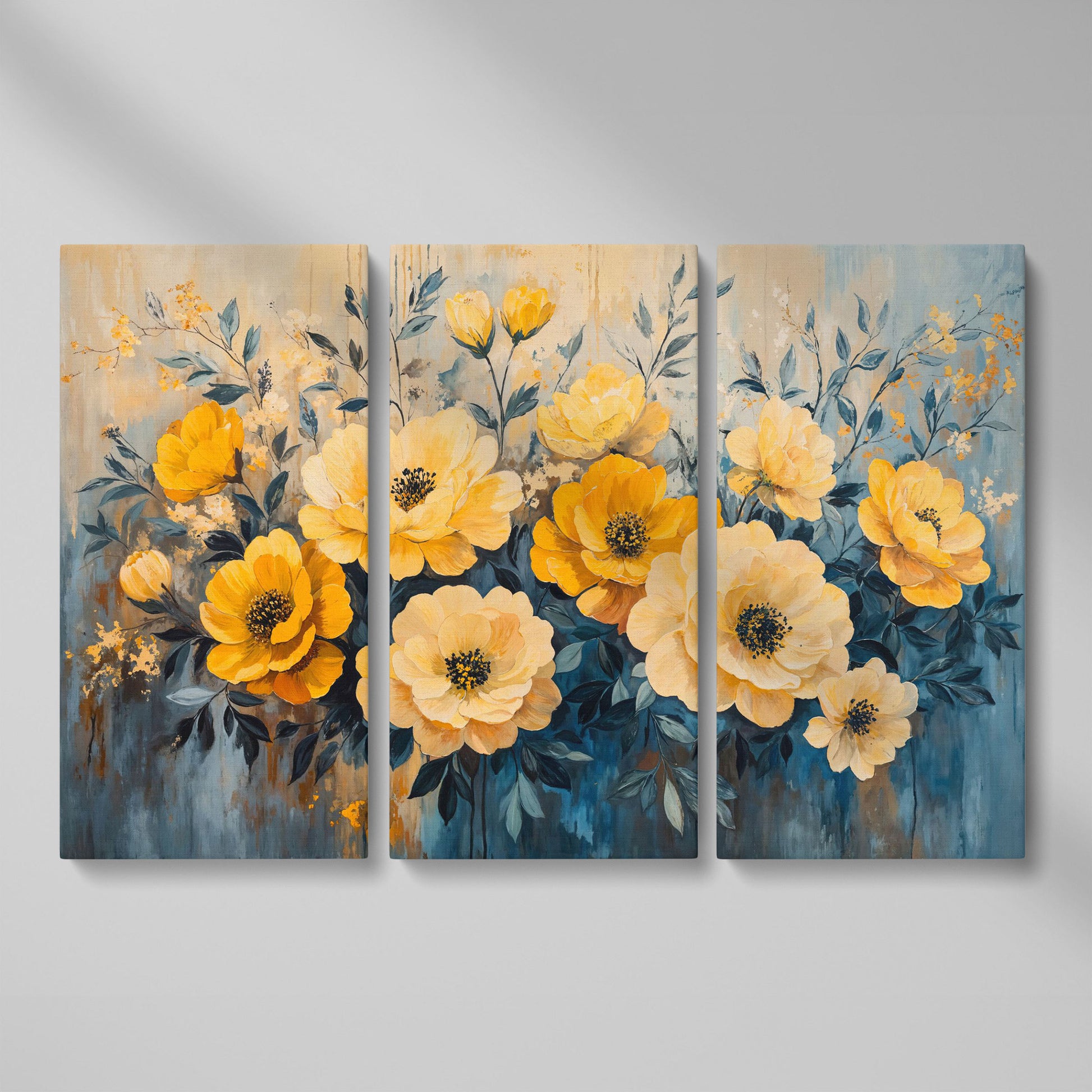 Bold Yellow Floral Canvas Art, Abstract Botanical Wall Art as 3-panel split version