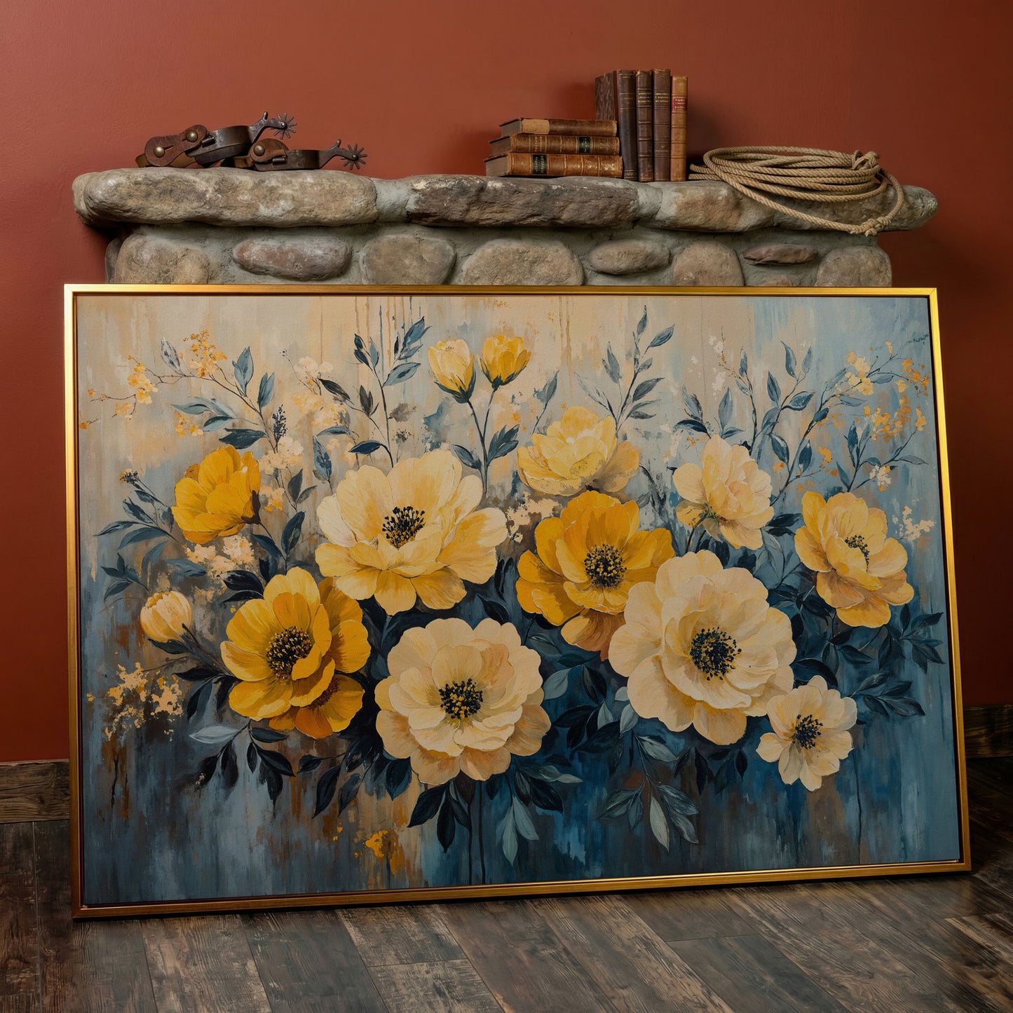 Bold Yellow Floral Canvas Art, Abstract Botanical Wall Art in antique gold floating frame
