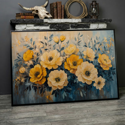 Bold Yellow Floral Canvas Art, Abstract Botanical Wall Art in black floating frame