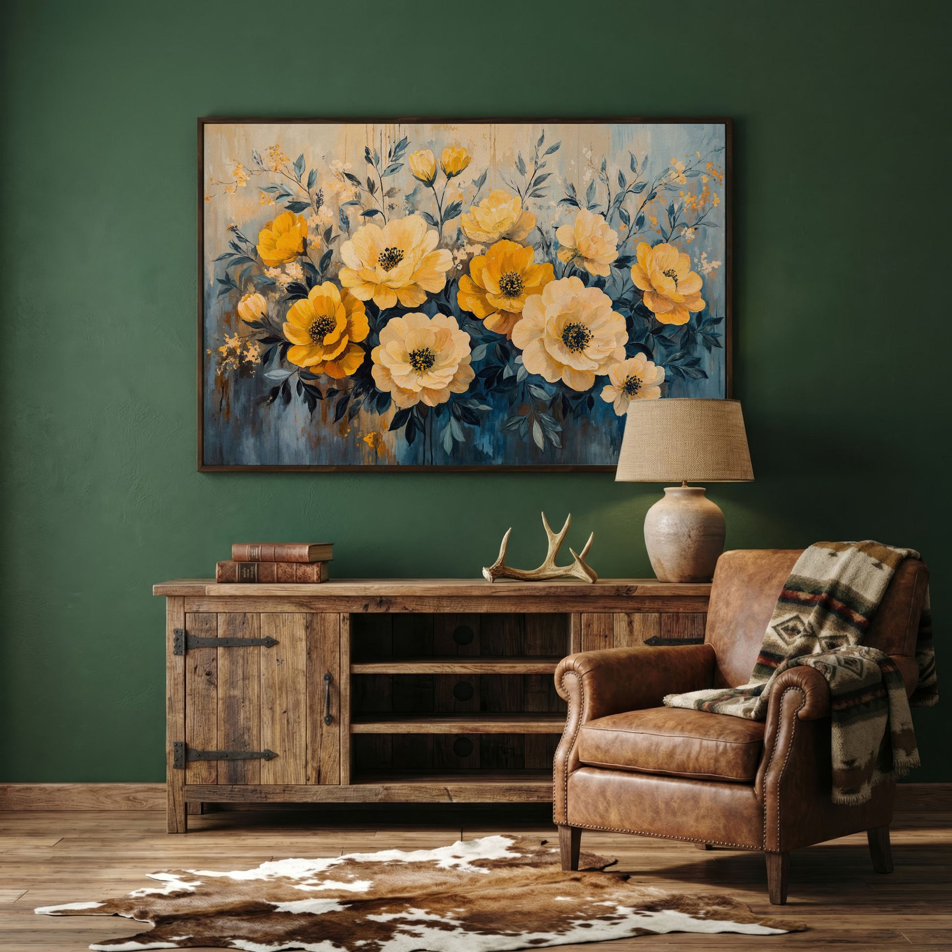 Bold Yellow Floral Canvas Art, Abstract Botanical Wall Art in dark walnut floating frame