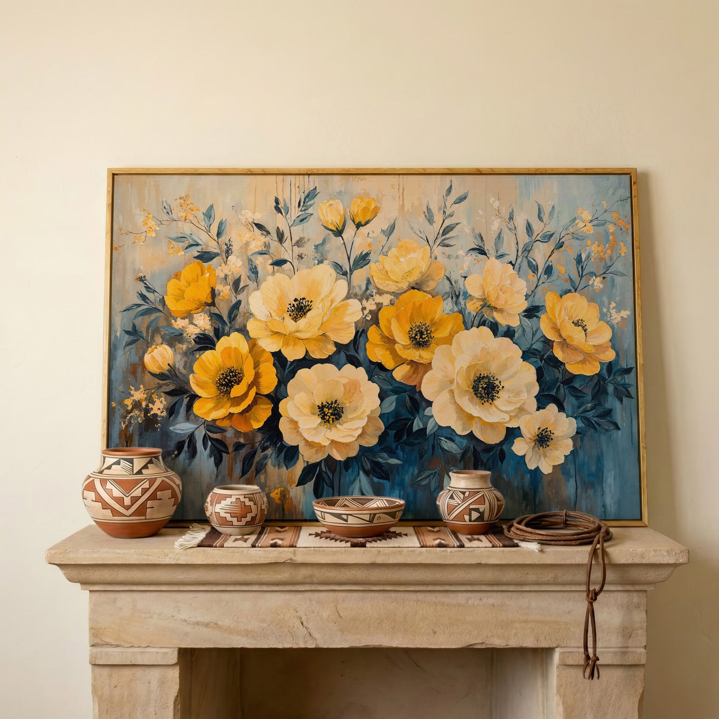 Bold Yellow Floral Canvas Art, Abstract Botanical Wall Art in white oak floating frame