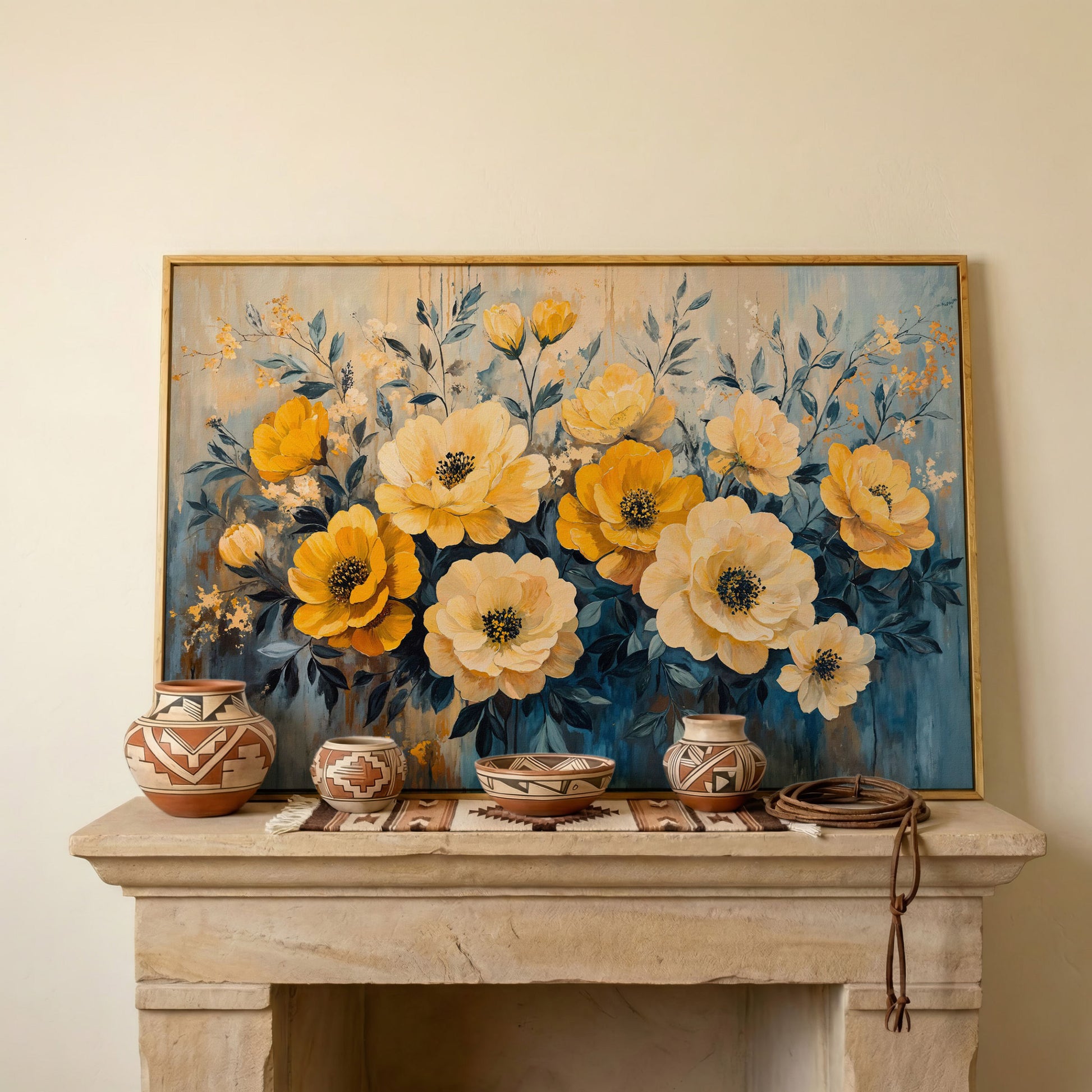 Bold Yellow Floral Canvas Art, Abstract Botanical Wall Art in white oak floating frame