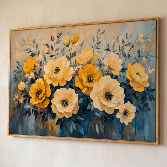 Bold Yellow Floral Canvas Art, Abstract Botanical Wall Art shown in white oak floating frame