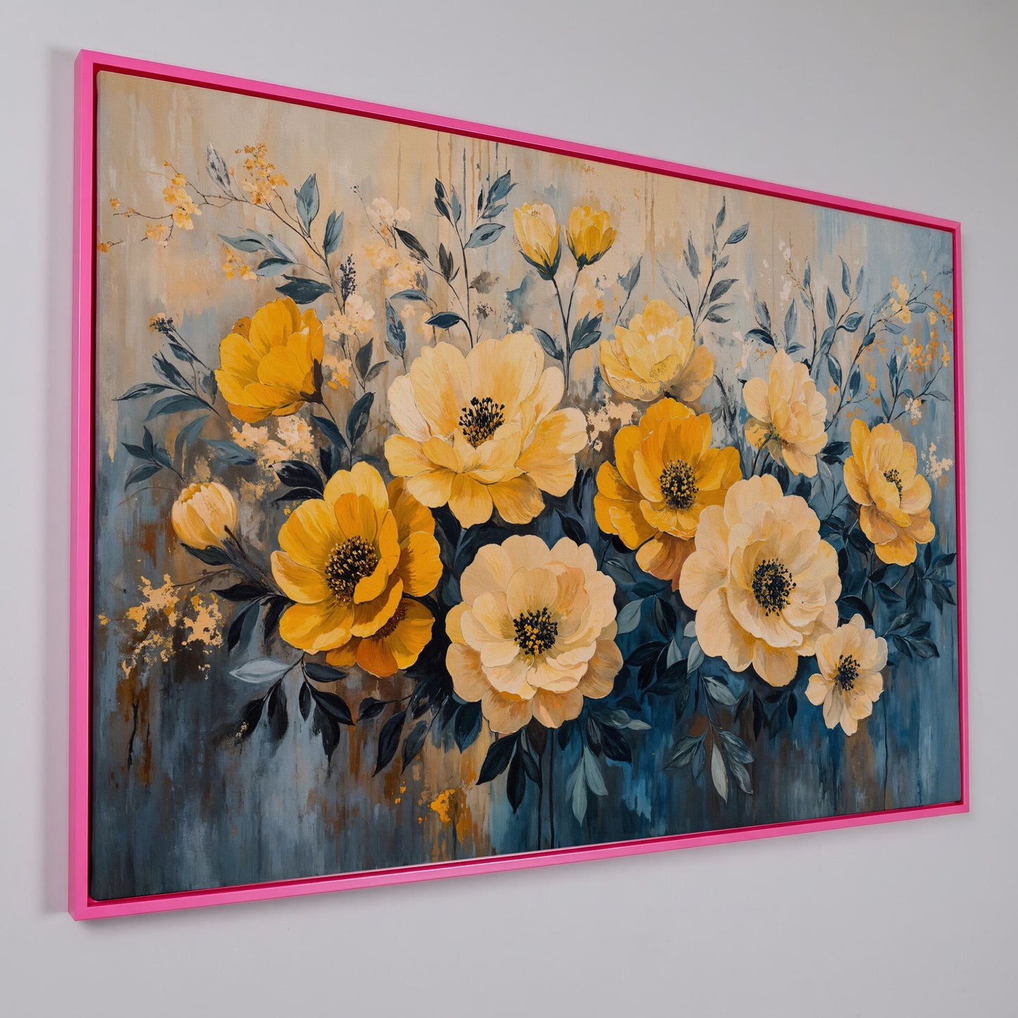 Bold Yellow Floral Canvas Art, Abstract Botanical Wall Art in pink floating frame