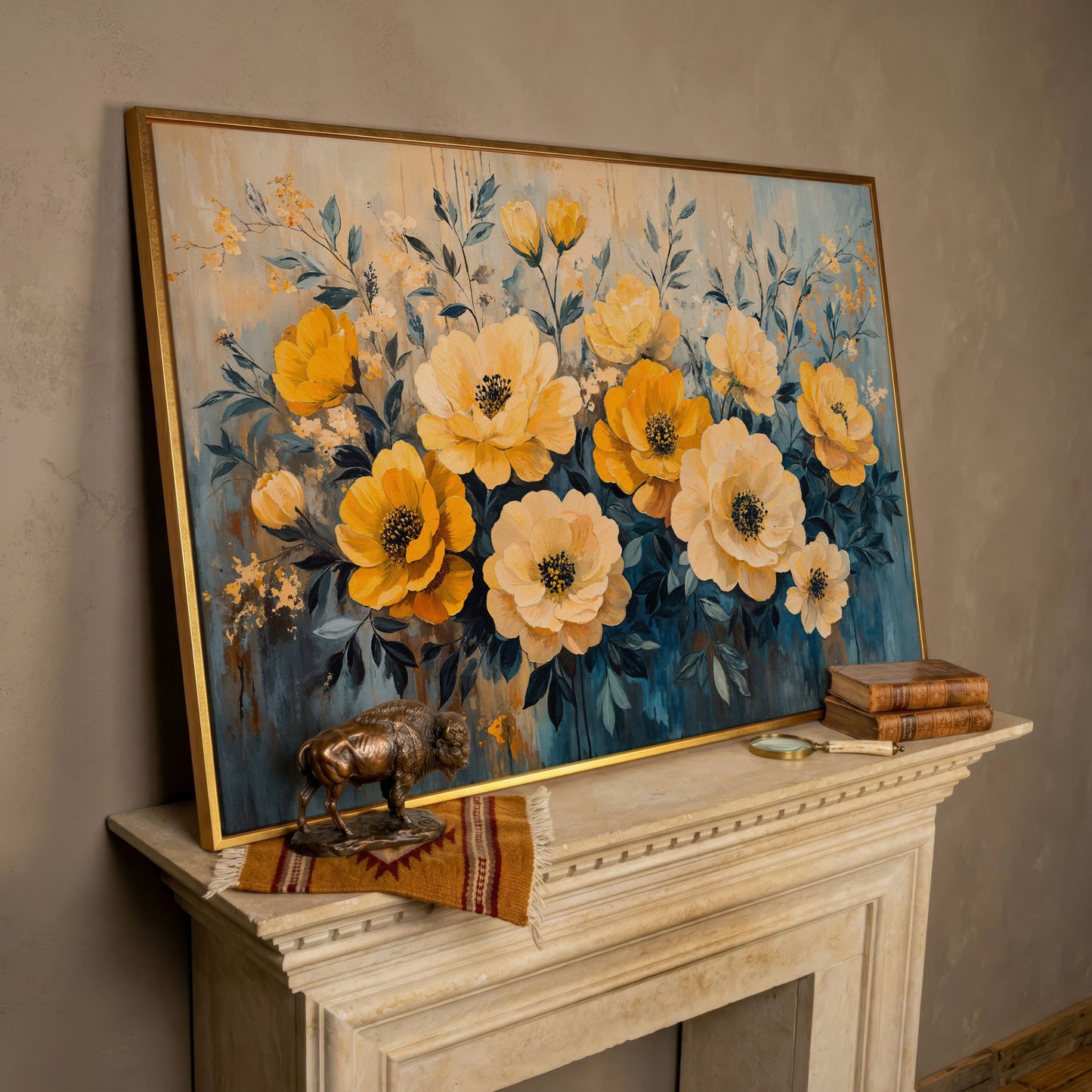 Bold Yellow Floral Canvas Art, Abstract Botanical Wall Art in rose gold floating frame
