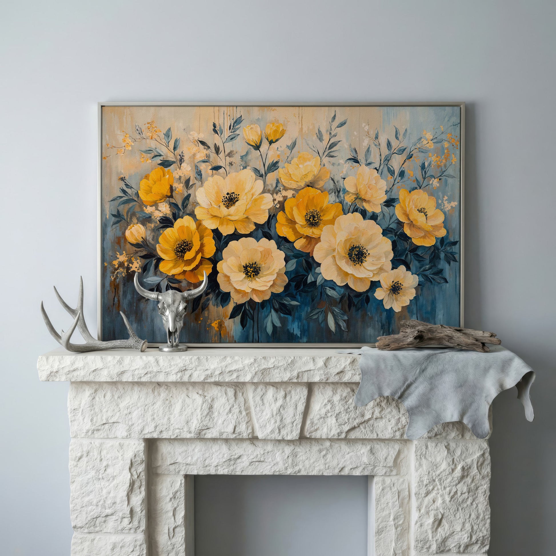 Bold Yellow Floral Canvas Art, Abstract Botanical Wall Art in silver floating frame