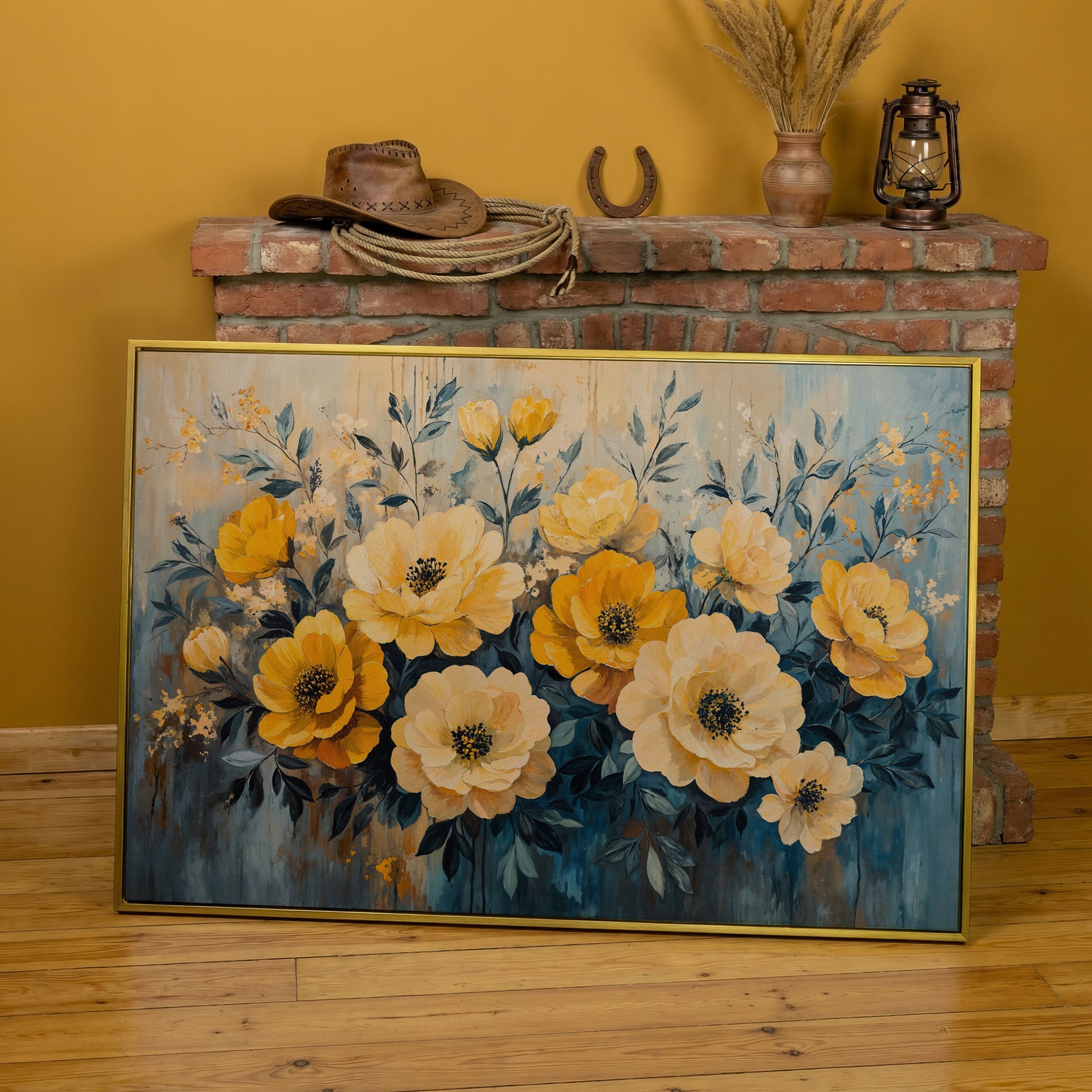 Bold Yellow Floral Canvas Art, Abstract Botanical Wall Art in yellow gold floating frame