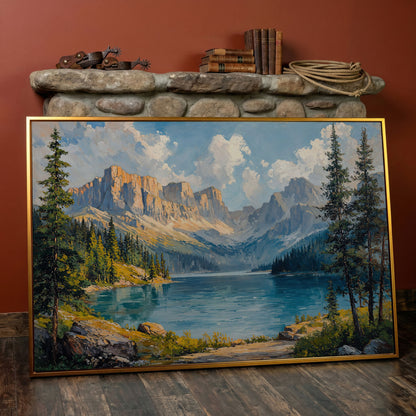 Mountain Lake Canvas Print | Large Landscape Wall Art in antique gold floating frame