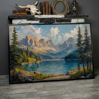 Mountain Lake Canvas Print | Large Landscape Wall Art in black floating frame