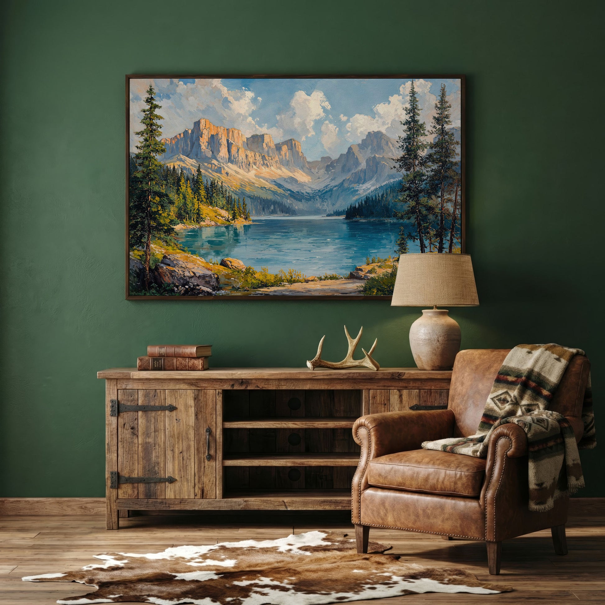 Mountain Lake Canvas Print | Large Landscape Wall Art in dark walnut floating frame