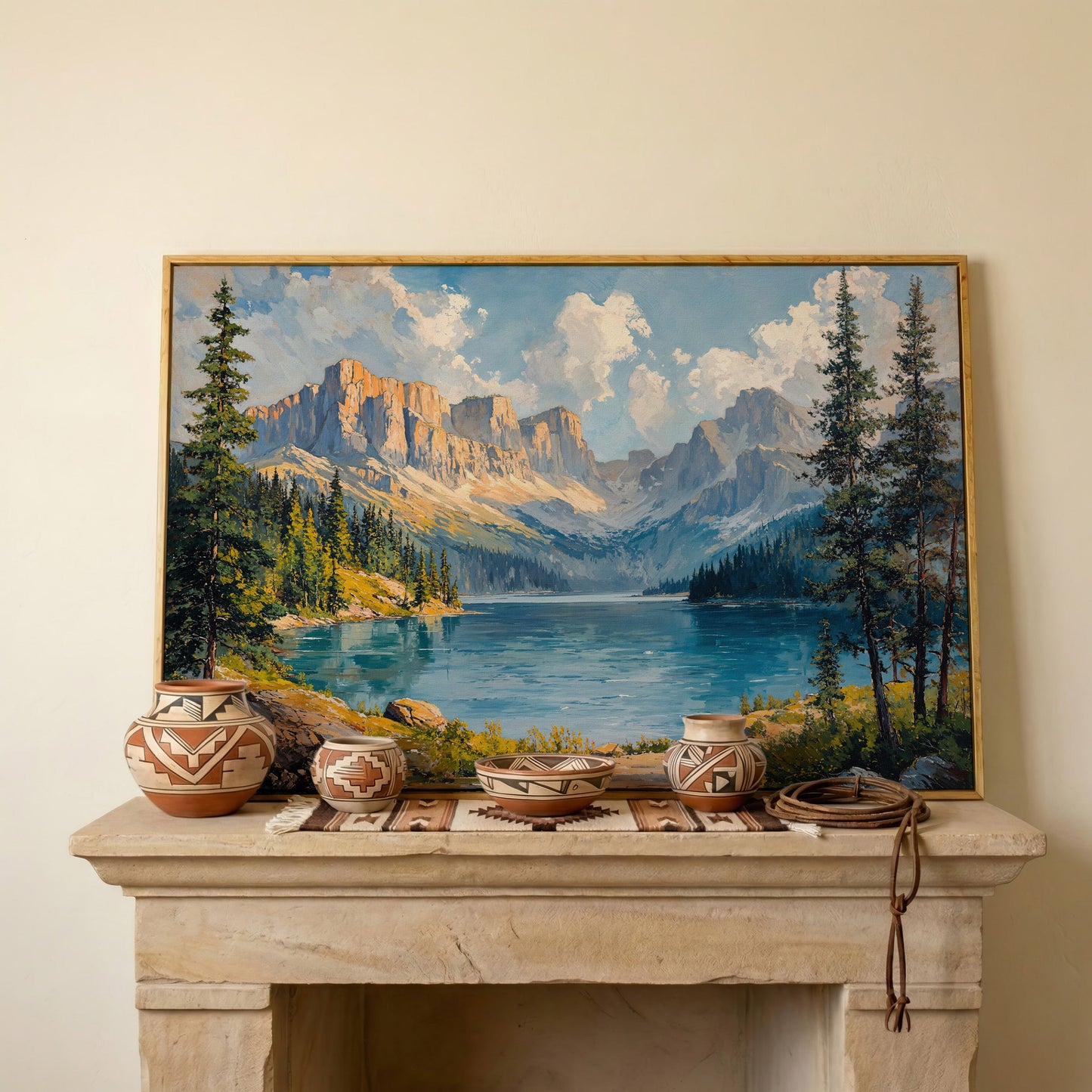 Mountain Lake Canvas Print | Large Landscape Wall Art in white oak floating frame