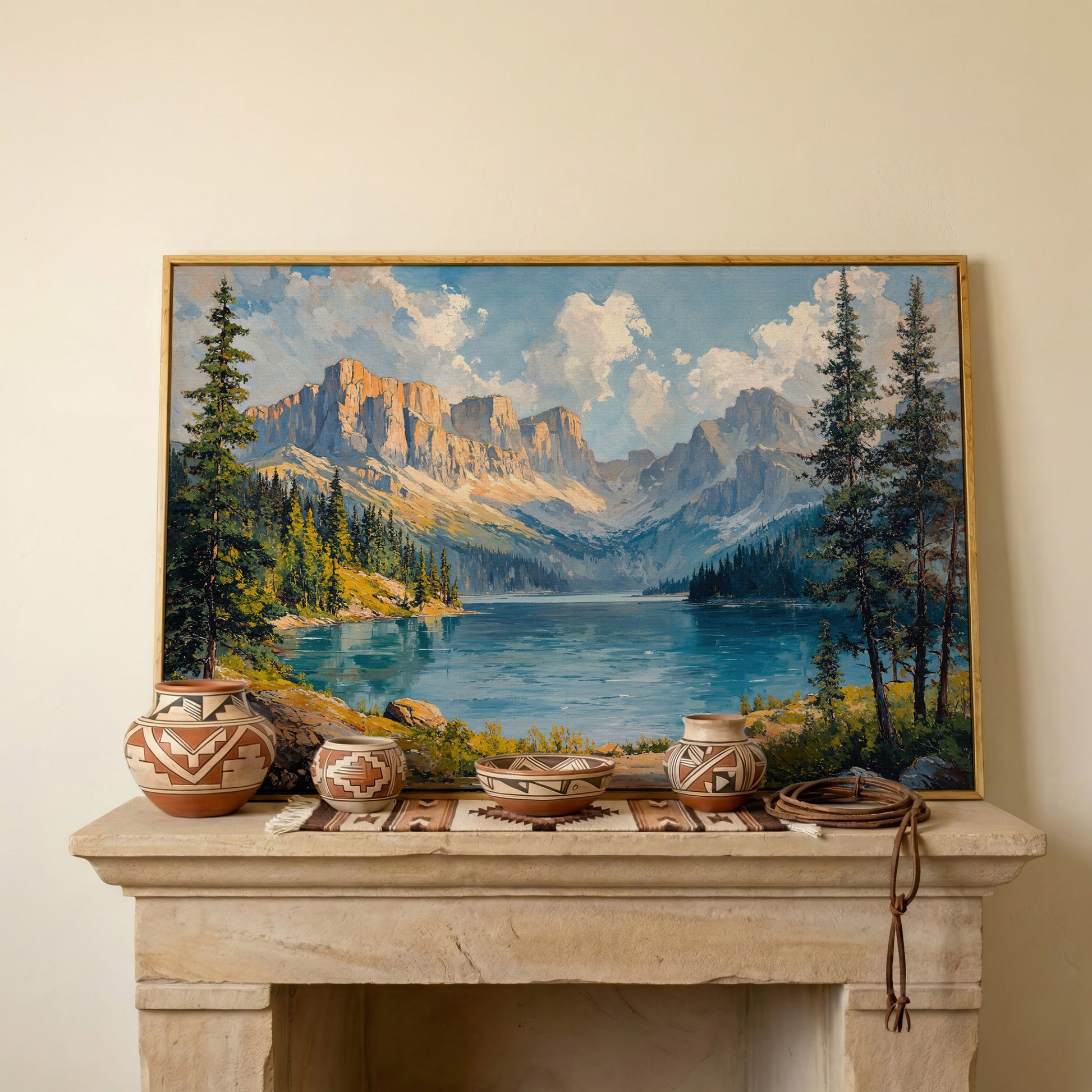 Mountain Lake Canvas Print | Large Landscape Wall Art in white oak floating frame