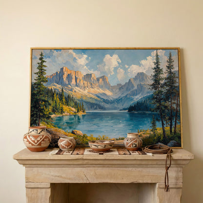 Mountain Lake Canvas Print | Large Landscape Wall Art in white oak floating frame