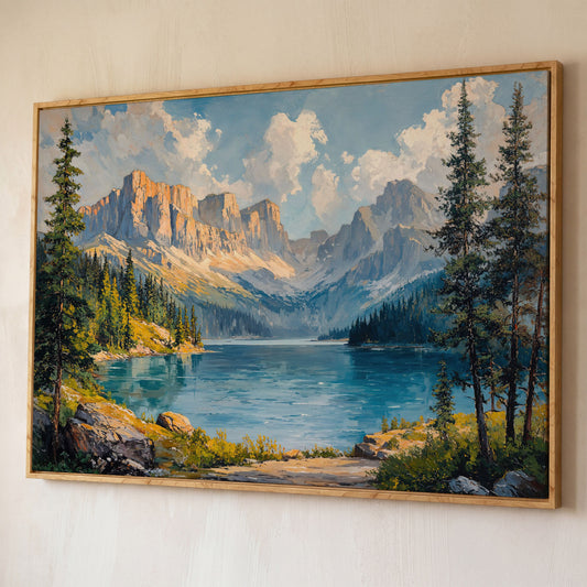 Mountain Lake Canvas Print | Large Landscape Wall Art shown in white oak floating frame