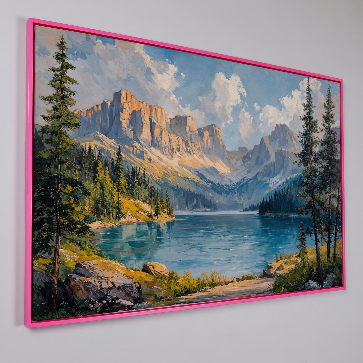 Mountain Lake Canvas Print | Large Landscape Wall Art in pink floating frame