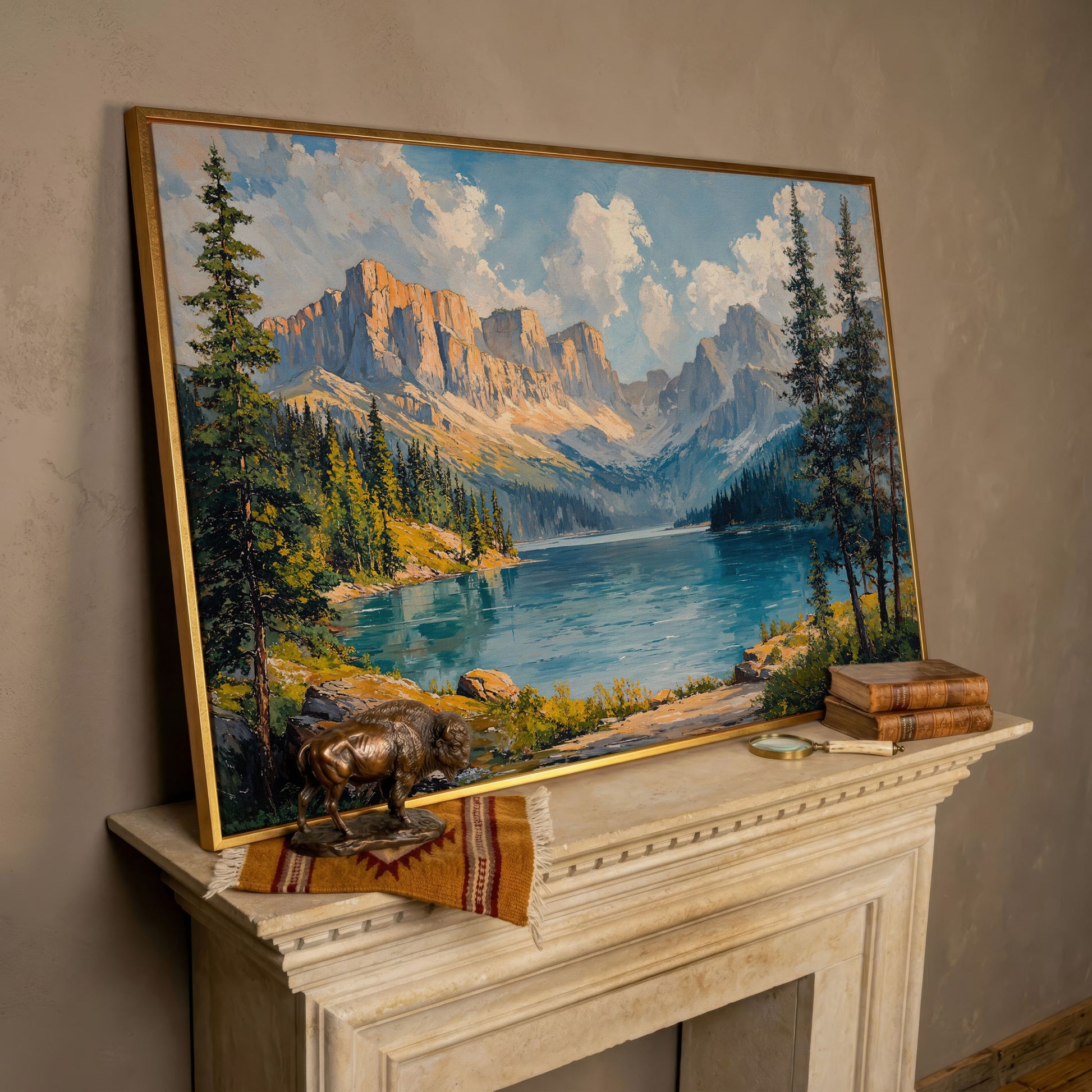 Mountain Lake Canvas Print | Large Landscape Wall Art in rose gold floating frame