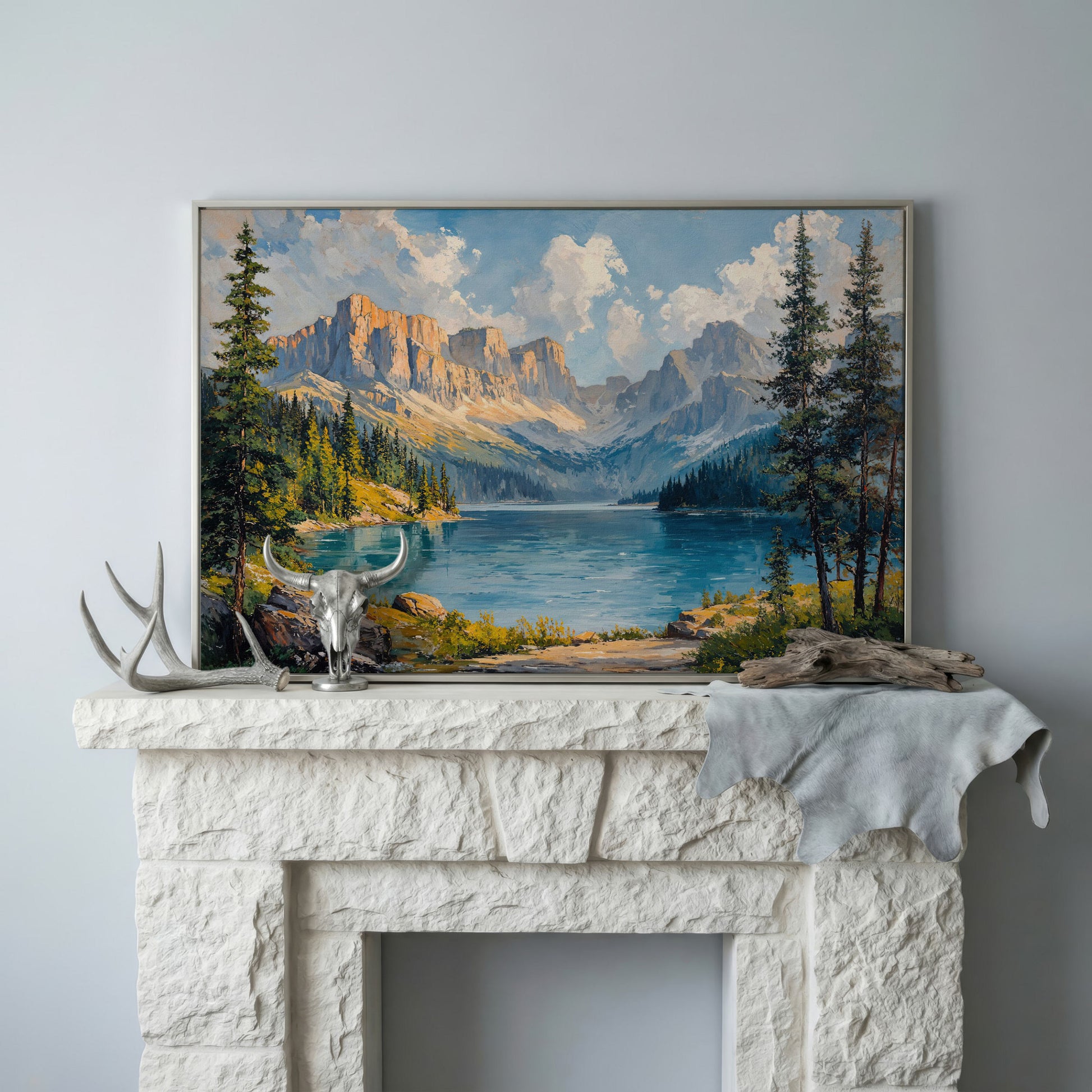 Mountain Lake Canvas Print | Large Landscape Wall Art in silver floating frame