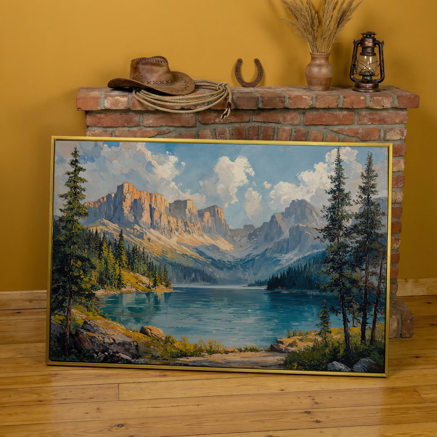 Mountain Lake Canvas Print | Large Landscape Wall Art in yellow gold floating frame