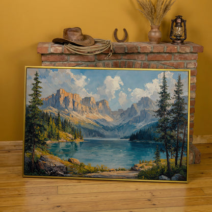 Mountain Lake Canvas Print | Large Landscape Wall Art in yellow gold floating frame